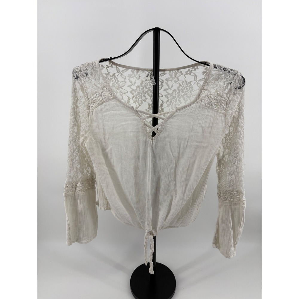 Mudd Y2K‎ White Lace Bell Sleeve Tie Front Top Sheer V-Neck Small
